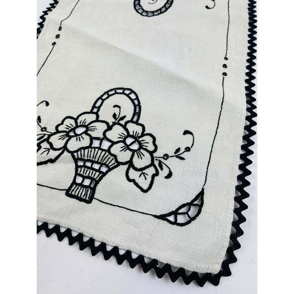 4 Pc Set Vintge Linen Table Runner Dresser Scarf Cutwork Floral Black Embroidery - Picture 14 of 16